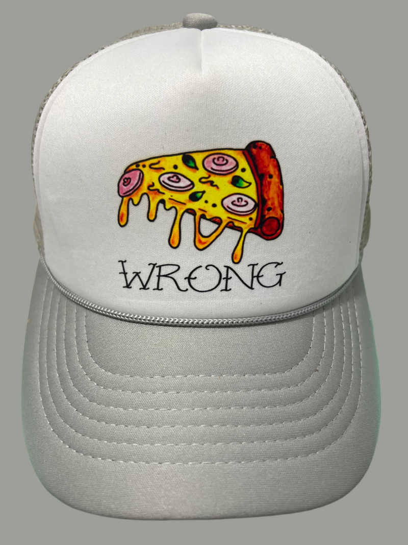 White cap with a pizza design and 'WRONG' text 